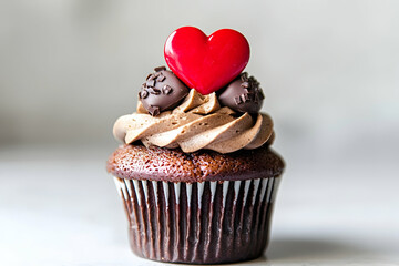 A chocolate cupcake with a red heart topper against pure white background.