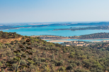 Panorama of Alqueva (Grande Lago) with typical Alentejo fields, Monsaraz PORTUGAL