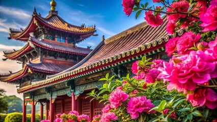 Vibrant China Rose Blossoms Frame Traditional Chinese Architecture