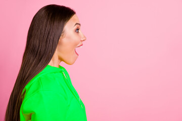 Close up copyspace photo of trendy overjoyed cheerful funny stunned girlfriend seeing something...