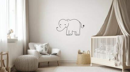 Nursery wall decor simple elephant drawing, crib, chair