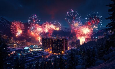 Spectacular Fireworks Display Over a Snowy Mountain Town during New Year Celebration with Illuminated Buildings and Night Sky