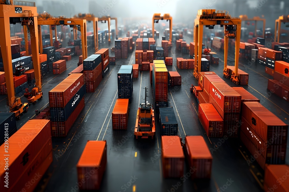 Poster expansive port scene featuring rows of towering container cranes and massive cargo ships an of the s