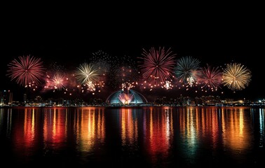 Spectacular Fireworks Display Over City Skyline Reflected on Water at Night Celebrating Festival or Event Illuminating Urban Landscape with Vibrant Colors