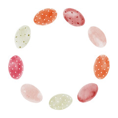 Watercolor Easter card with a wreath of colorful eggs