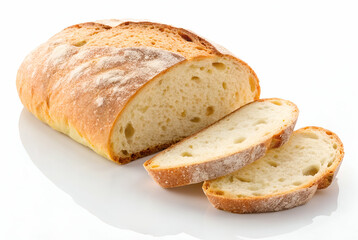 Naklejka premium Golden Crusty Loaf of Sliced Bread on White Background