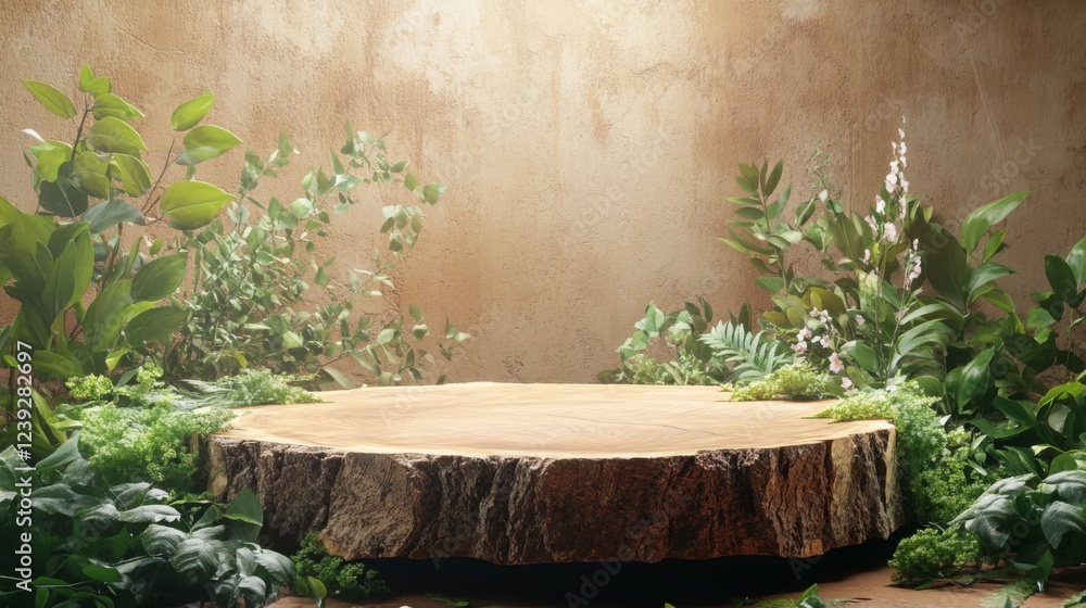 Aufkleber a large wooden podium sits in a tranquil setting, surrounded by various plants and foliage, creating