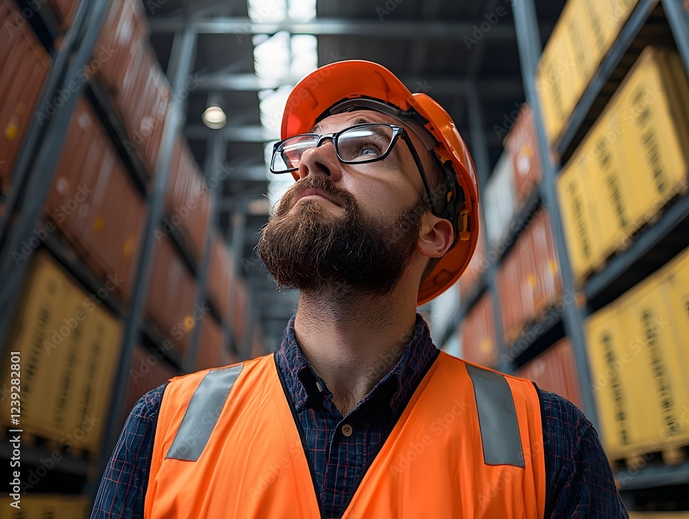 Poster focused and detail oriented logistics worker carefully scanning barcodes on rows of stacked shipping