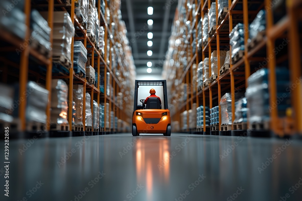 Poster forklift driver expertly navigating through a towering intricate storage facility seamlessly transpo