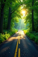 Obraz premium Sun-dappled asphalt ribbon winds through lush green canopy , idyllic, vacation, pathway