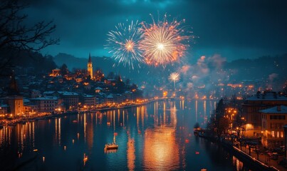Spectacular Fireworks Over a Serene Lake Town at Dusk, Illuminating the Sky and Reflecting on Water, Creating a Magical Atmosphere