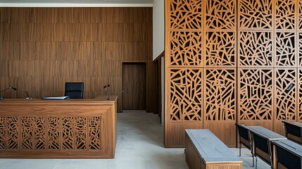 A panoramic view of a courtroom showing a judge's desk, a jury box, and empty rows of seating with intricate wood paneling throughout