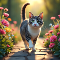Obraz premium The Cat in a Garden. Grey-and-White Feline with Bright Green Eyes Walking on a Stone Path Amid Vibrant Flowers, Bathed in Golden Evening Light with a Curious Look