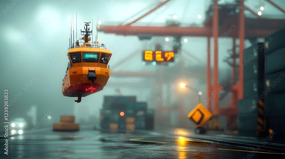 Poster futuristic autonomous cargo ship navigating a high tech global port with ai controlled cranes effici