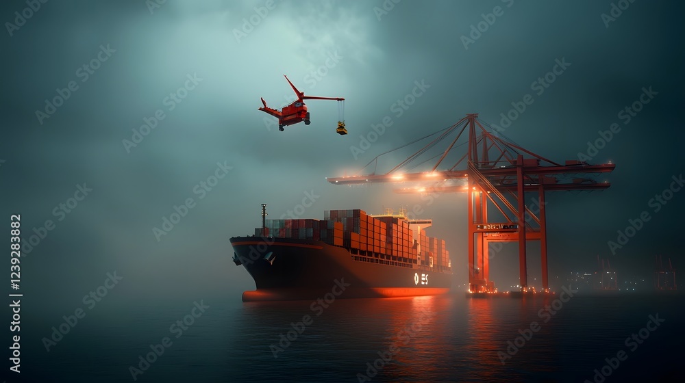 Poster futuristic autonomous cargo ship navigating a high tech global port with ai controlled cranes unload