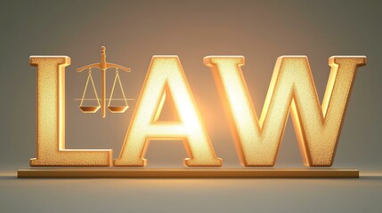 A modern, dynamic rendering of the word LAW in three-dimensional lettering, featuring a balance scale carved into the central letters, highlighted by soft glowing light
