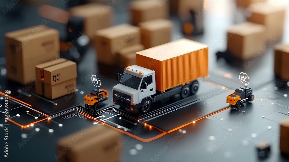 Poster futuristic blockchain powered logistics hub with holographic supply chain tracking transparent trade