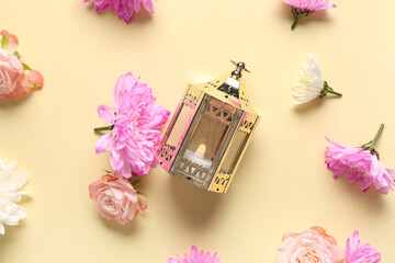 Muslim lamp with flowers on beige background. Ramadan celebration