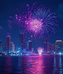 Spectacular Night Skyline with Colorful Fireworks Display over City Lights Reflecting on Calm Waters