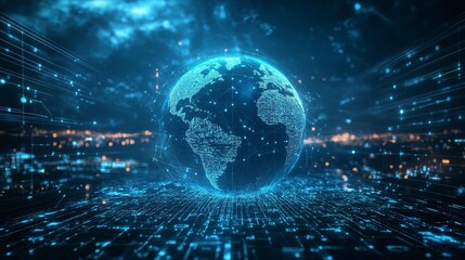 A digital representation of Earth surrounded by glowing data points and networks, conveying a futuristic technology theme.