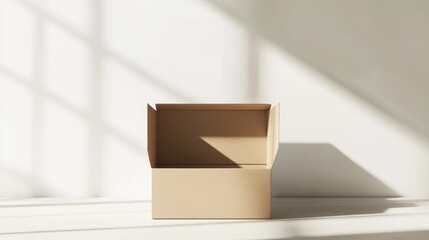 Open cardboard box, sunlight, white background, product display