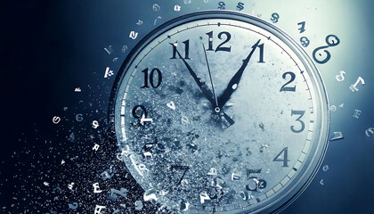 Stunning abstract image of a clock dissolving into letters, evoking themes of time, memory, and the passage of information.  Perfect for concepts related to deadlines, ephemerality, or data loss.