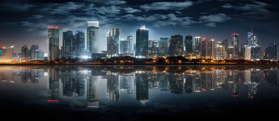 Obraz premium stunning city skyline at night, featuring illuminated skyscrapers reflecting on calm body of water, creating serene and vibrant atmosphere