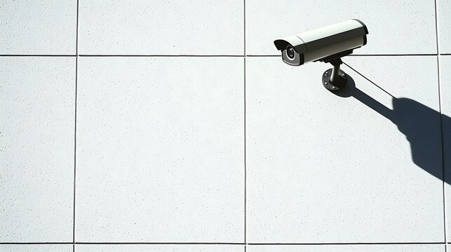 A minimalistic image of a modern security camera mounted on a blank white wall, symbolizing vigilance and law enforcement
