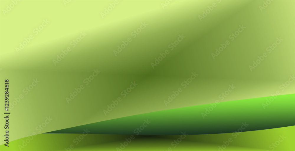 Poster composition of empty space, curved lines and geometric abstract fields with gradations of green as b