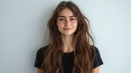 Naklejka premium A young woman with long brown hair smiles gently against a light-grey background. Her casual attire and relaxed pose create a calm and approachable mood.