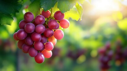 A cluster of ripe red grapes is hanging on a vine, basking in sunlight, surrounded by lush green leaves, creating a serene and fresh vineyard atmosphere.