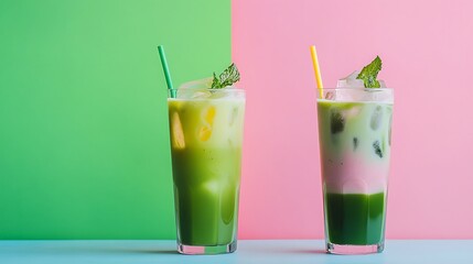 Iced matcha latte and strawberry milk matcha latte in tall glasses isolated on a colorful background