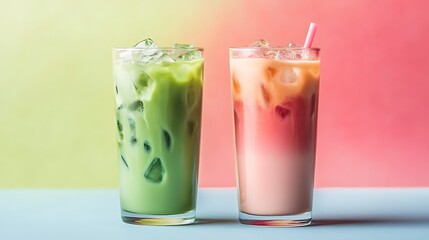 Iced matcha latte and strawberry milk matcha latte in tall glasses isolated on a colorful background
