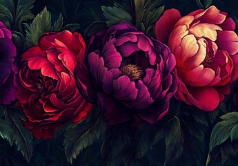 Dark Floral Composition Crimson and Purple Peonies, Detailed Linework, Luxurious Botanical Concept Peonies, Floral Art