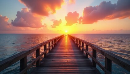 Fototapeta premium Wooden footbridge spanning calm sea at sunset, wood, idyllic, exterior