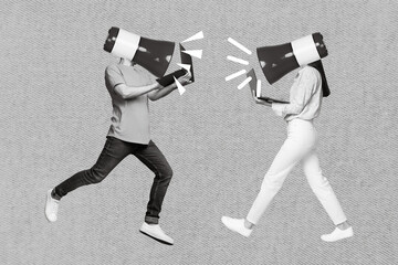 Creative photo of young coworkers remote project managers announcement orators head megaphone hold...