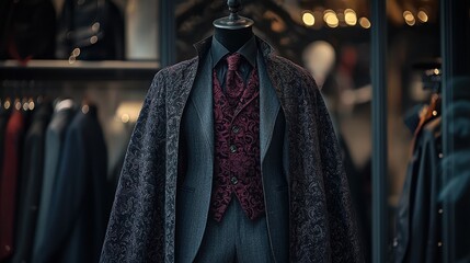 Fototapeta premium A dark and moody image of a men's suit and overcoat on a mannequin, the rich textures and deep colors creating an air of sophistication and mystery.