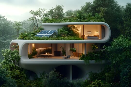 Futuristic eco friendly residential dwelling with integrated underground water and waste infrastructure clean architectural lines smart home technology solar panels verdant rooftop garden