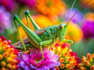 Fototapeta premium Vibrant Green Grasshopper on Edible Flowers, Close-up Food Photography