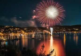Fototapeta premium Spectacular Nighttime Fireworks Over Calm Water With Illuminated City Skyline Reflected In Tranquil Bay On Clear Summer Evening