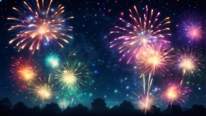 Fototapeta premium Dazzling display of fireworks bursting in a variety of colors against the night sky, symbolizing celebration festivity