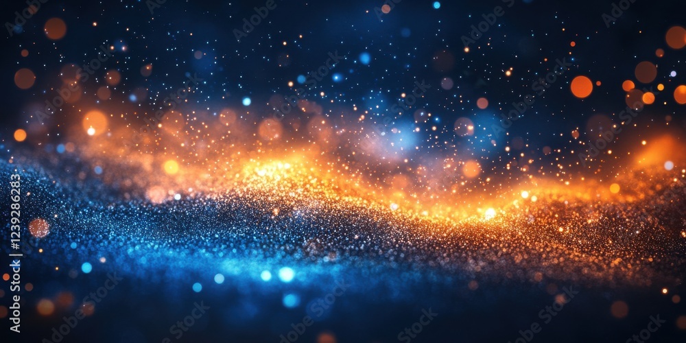 Poster stunning abstract background of blue and orange glittering particles with glowing bokeh effect for a