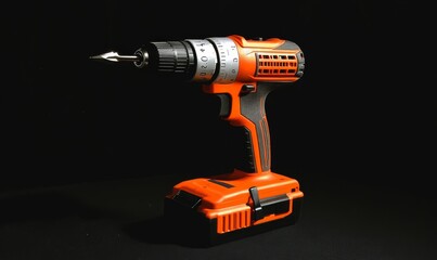 Orange Cordless Drill Dark Background Product Shot, Close-up Composition, Power Tool Concept power tool, product photography