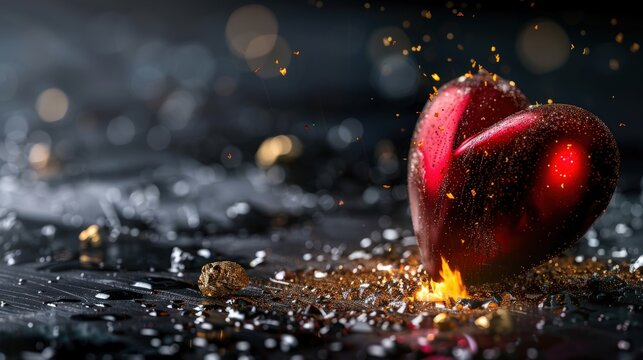 A Red heart burning on fire - Collection of Burning and on fire isolated on black