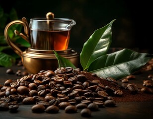 Fototapeta premium una mezcla de granos de cafe tostados con hojas de té e infusión