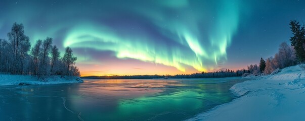 A breathtaking panorama of the aurora borealis illuminating a snowy landscape, reflecting on a tranquil river at dusk.