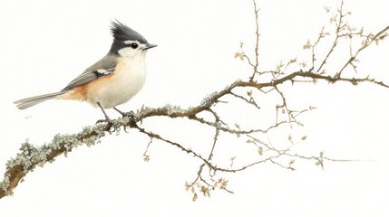 Perched bird on winter branch, white background, nature illustration