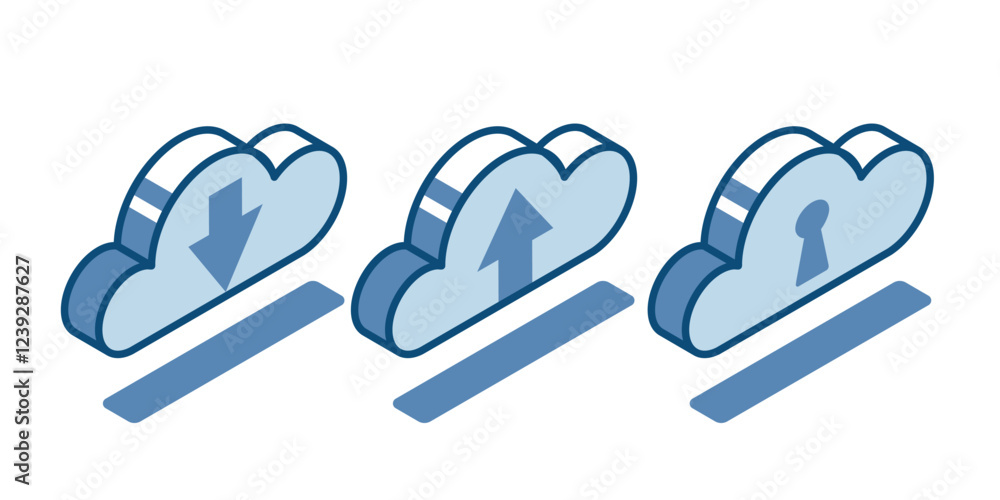 Aufkleber isometric vector set of linear icons cloud with up and down arrows and keyhole, in color on white ba