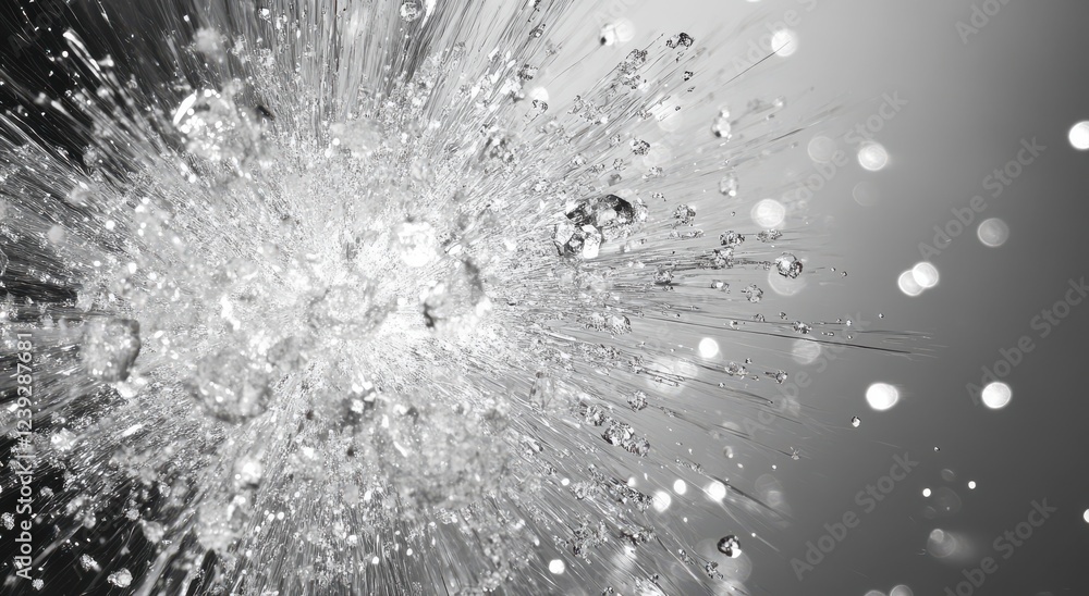 Poster stunning black and white image of exploding water droplets capturing motion and light for artistic a