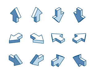 isometric vector set of arrows linear icons, in color on a white background, pointers for infographics and design